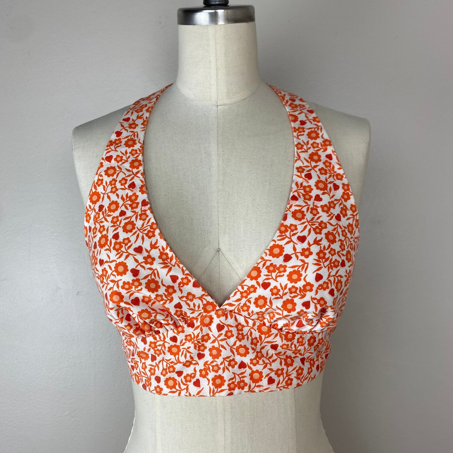 1960s Halter Top, Size XS, Orange Floral, Handmade