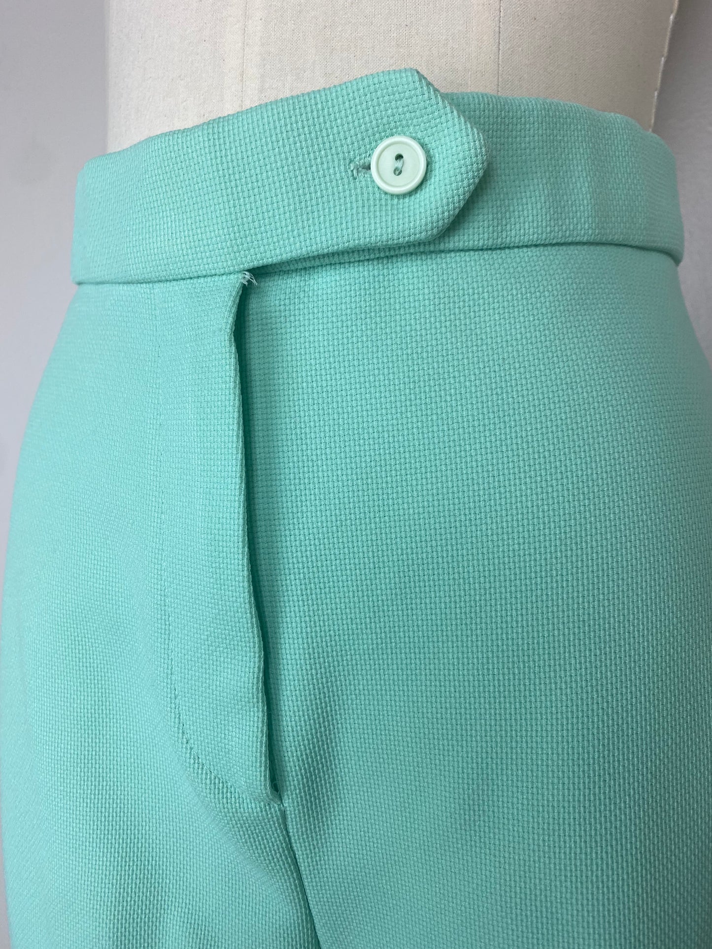 1970s High Waisted Bell Bottom Pants, Mint Green, Center Stage II, Textured Double Knit