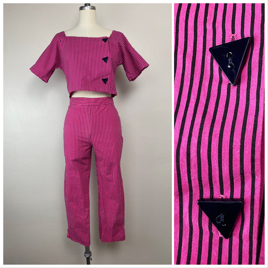 1980s Crop Top and Pants Set, En Chante Size XS, Pink and Black Stripes