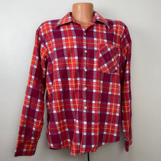 1970s Red Plaid Flannel Shirt, Size Large, Printed Cotton, Distressed