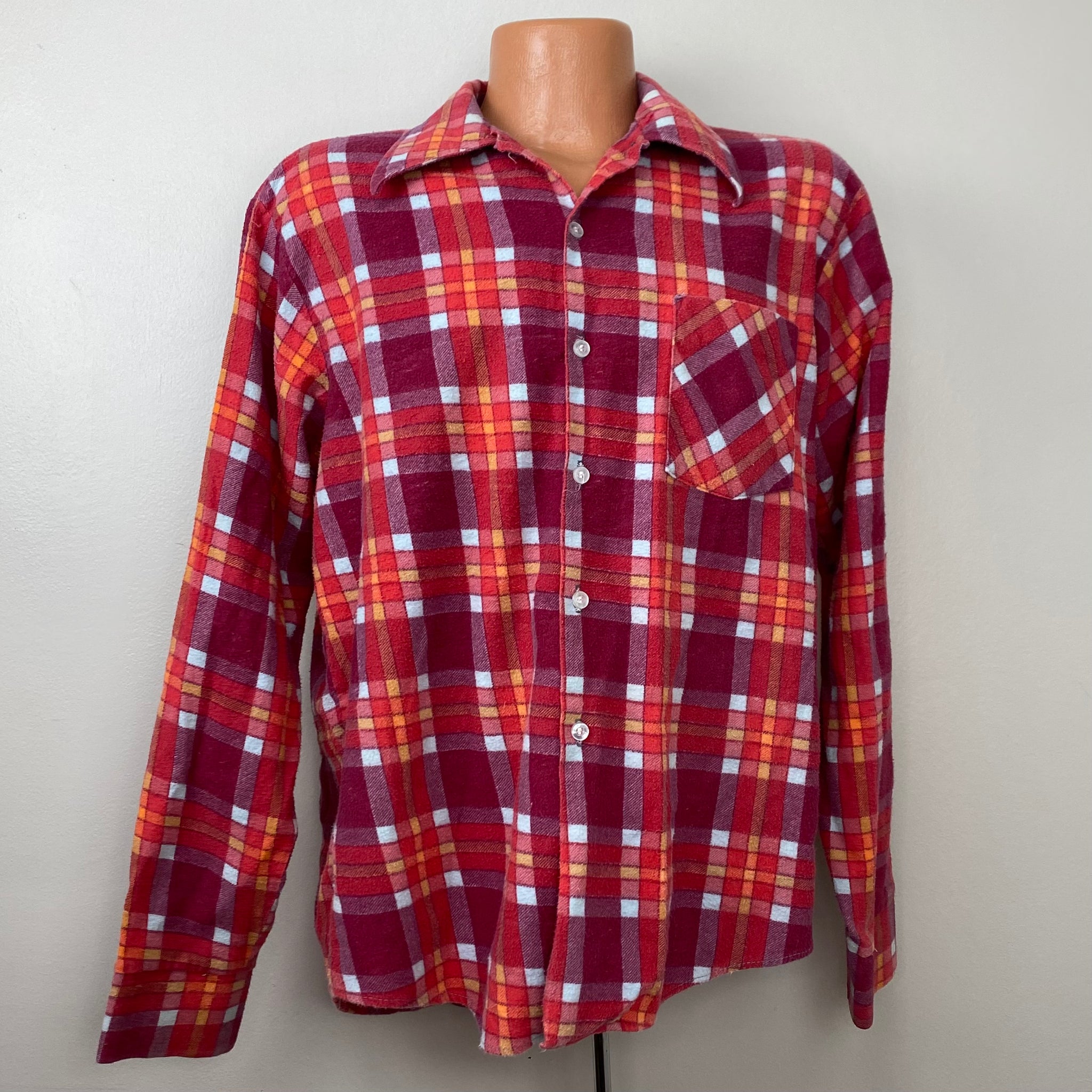 1970s Red Plaid Flannel Shirt, Size Large, Printed Distressed – Proveaux