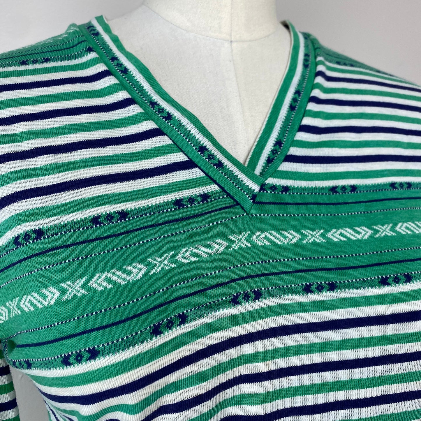 1960s/70s Striped V-Neck T-Shirt, Size Small, Green Navy & White