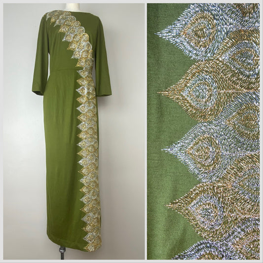 1960s Green Maxi Dress with Metallic Embroidery, Size Medium, Tony Krupa for Importance Hostess Dress
