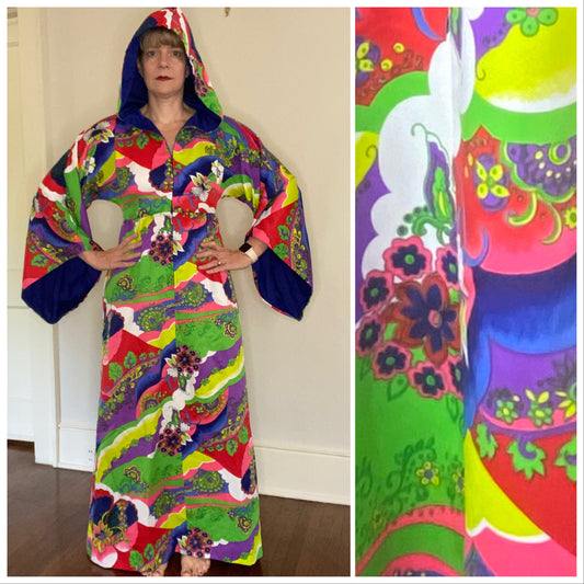 1970s Psychedelic Rainbow Floral Hooded Dress, Concept 70s by Swirl Size S/M, Bell Sleeves
