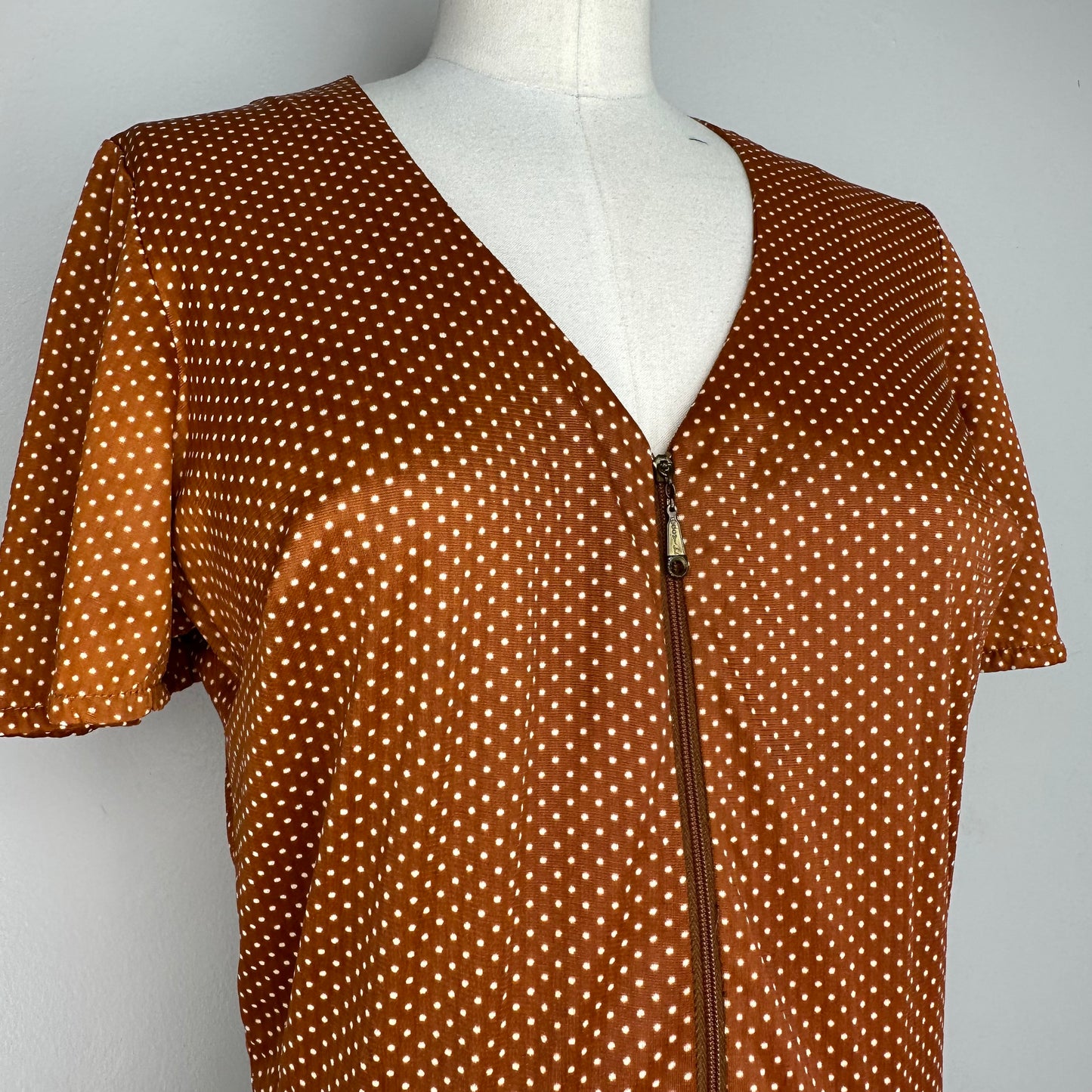 1970s Brown Polka Dot Zip Front Romper, Size Small-Medium, Accordion Pleats