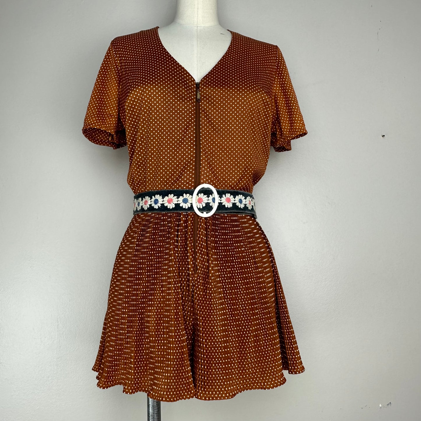 1970s Brown Polka Dot Zip Front Romper, Size Small-Medium, Accordion Pleats