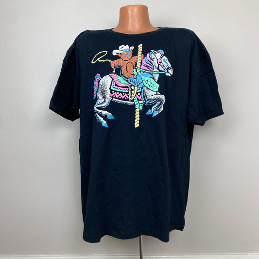 1990s Cute Neon T-Shirt, Cowboy Bear Riding a Carousel Horse, Reebok Size 2XL/3XL