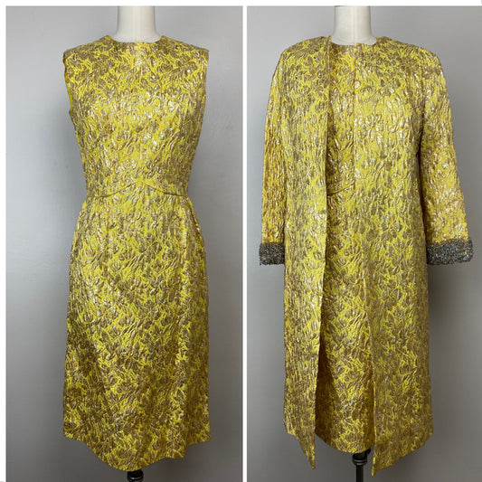 1960s Gold Brocade Dress and Coat Set, Lee Richard Fashions