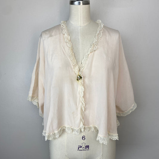 1920s Pale Pink Breakfast Jacket, Dove Undergarments, Silk Lingerie Bed Jacket Coverlet, Antique Lace