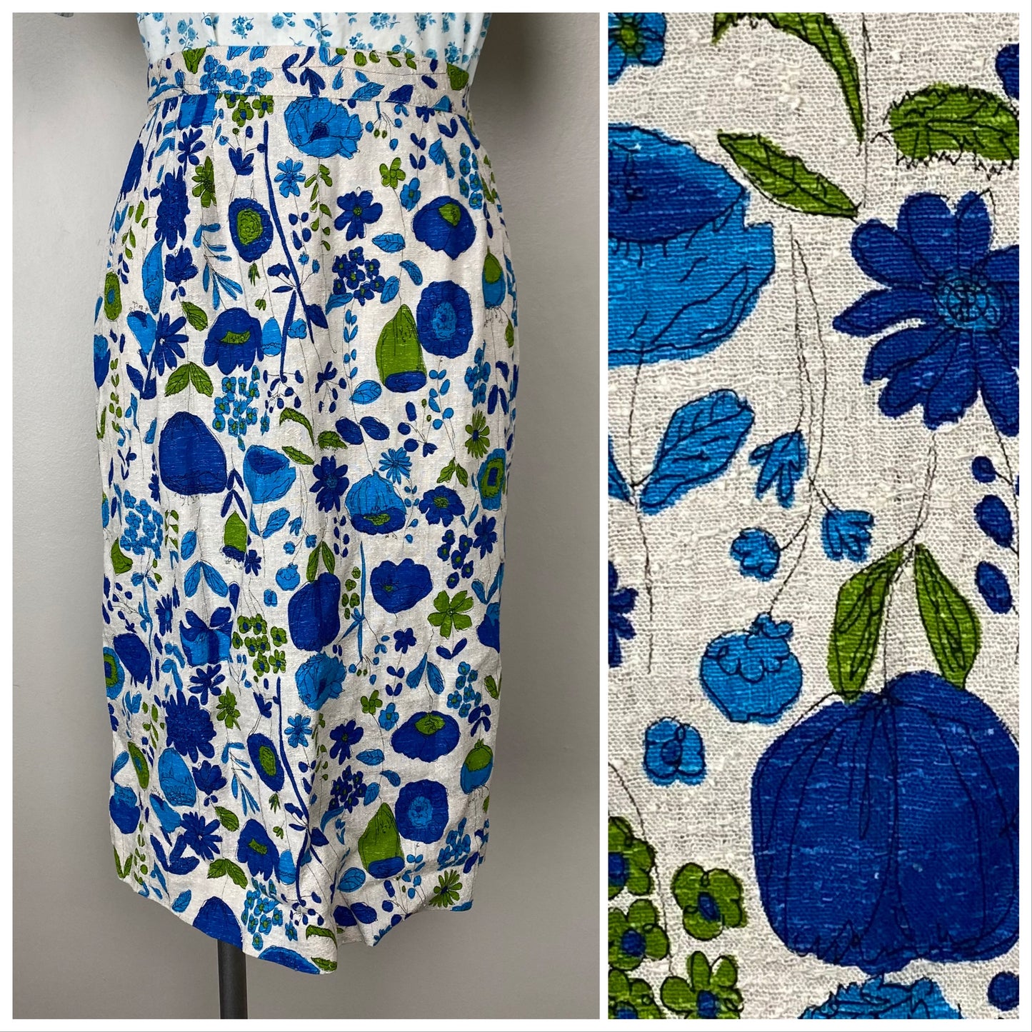 1960s Blue Floral Pencil Skirt, Size Small, 25.5" Waist