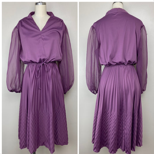 1970s Purple Midi Dress with Sheer Sleeves, Size M/L