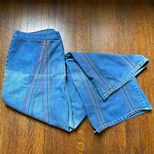 1970s Plus Size Rainbow Embroidery Jeans, Young Stuff, 40"x32.5", Flare Leg