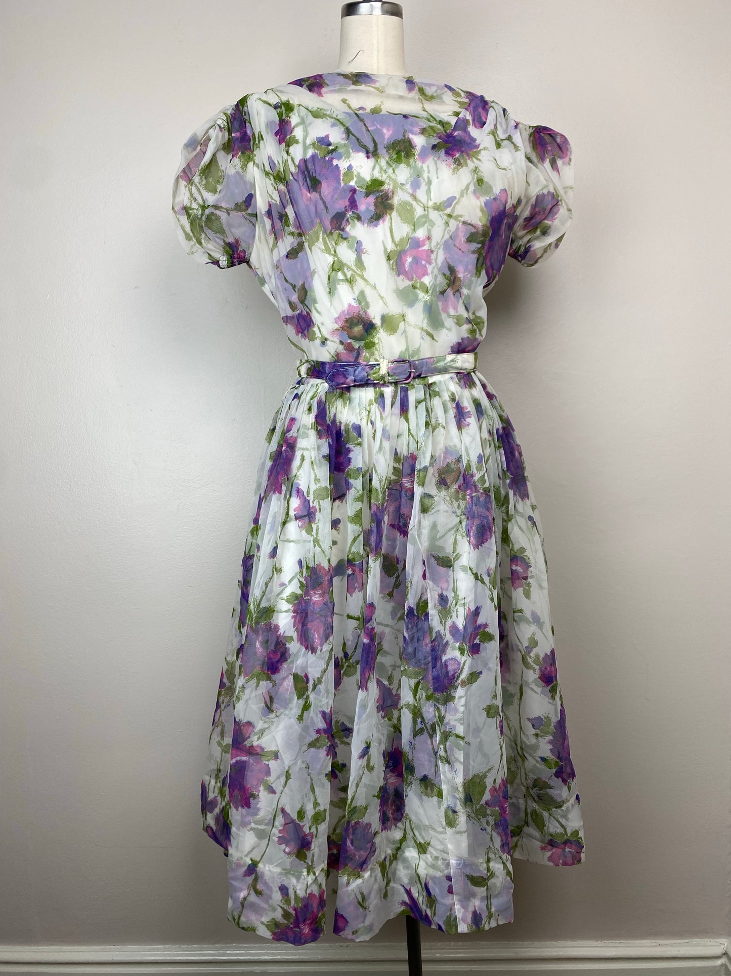 1950s Floral Chiffon Party Dress, Size Large