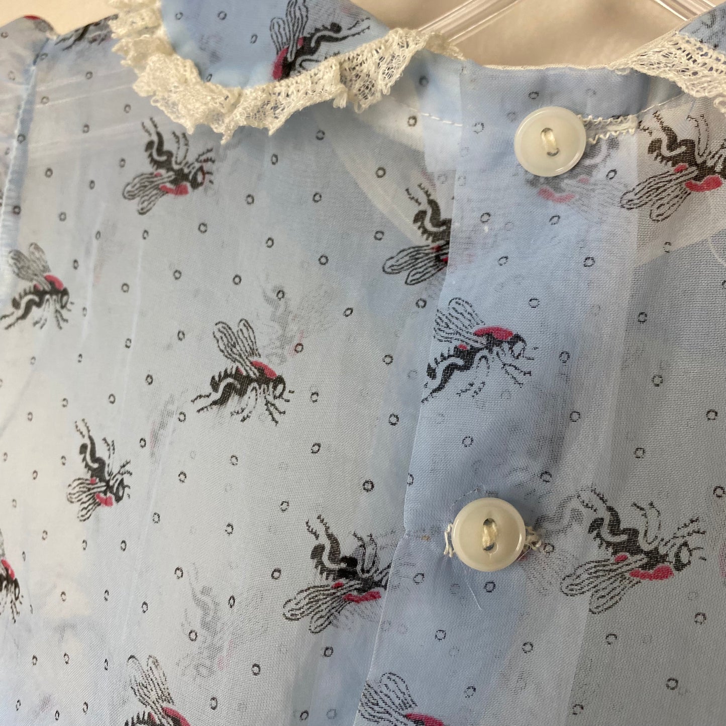 1950s Bug Print Dress, Sheer Novelty Print, Pastel Blue, Size 2T