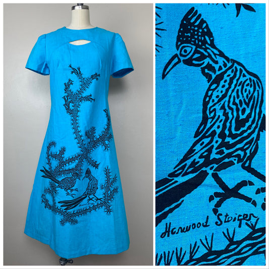 1960s Harwood Steiger Dress, Hand Printed Roadrunner, Size Small