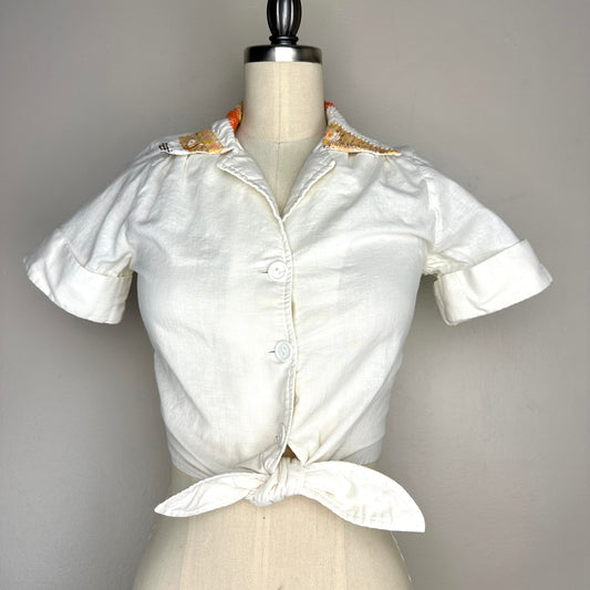 1970s Cropped Tie Front Blouse with Patchwork Collar, Size XS