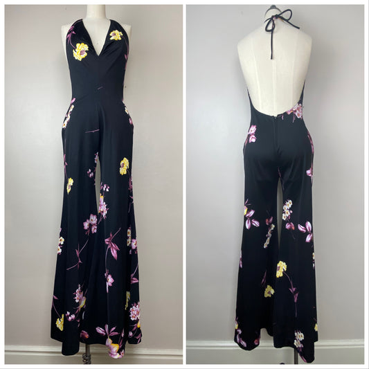 1970s Black Floral Halter Bell Bottom Jumpsuit, Size S/M, AS-IS Please Read