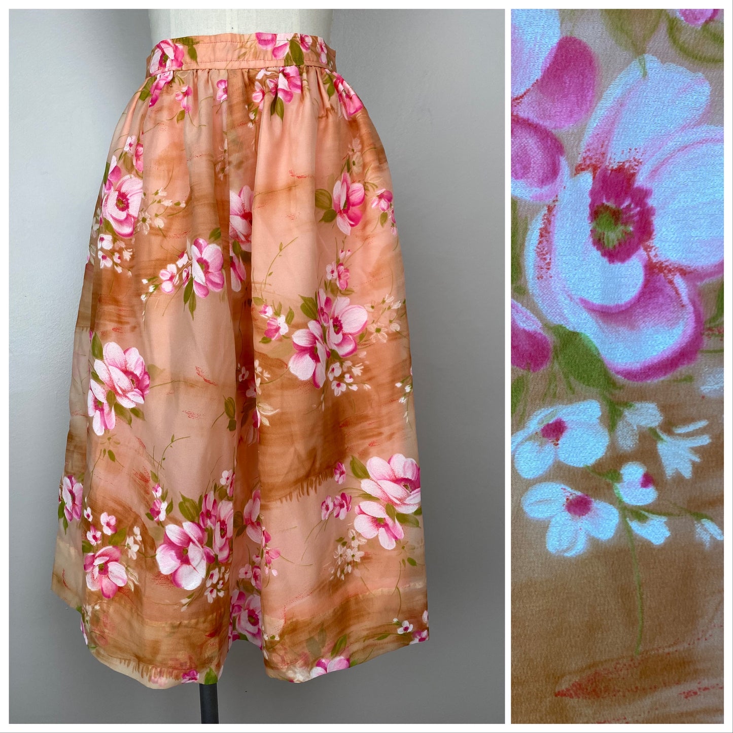 1960s Peach and Pink Floral Midi Skirt, Size Medium, 28.5" Waist