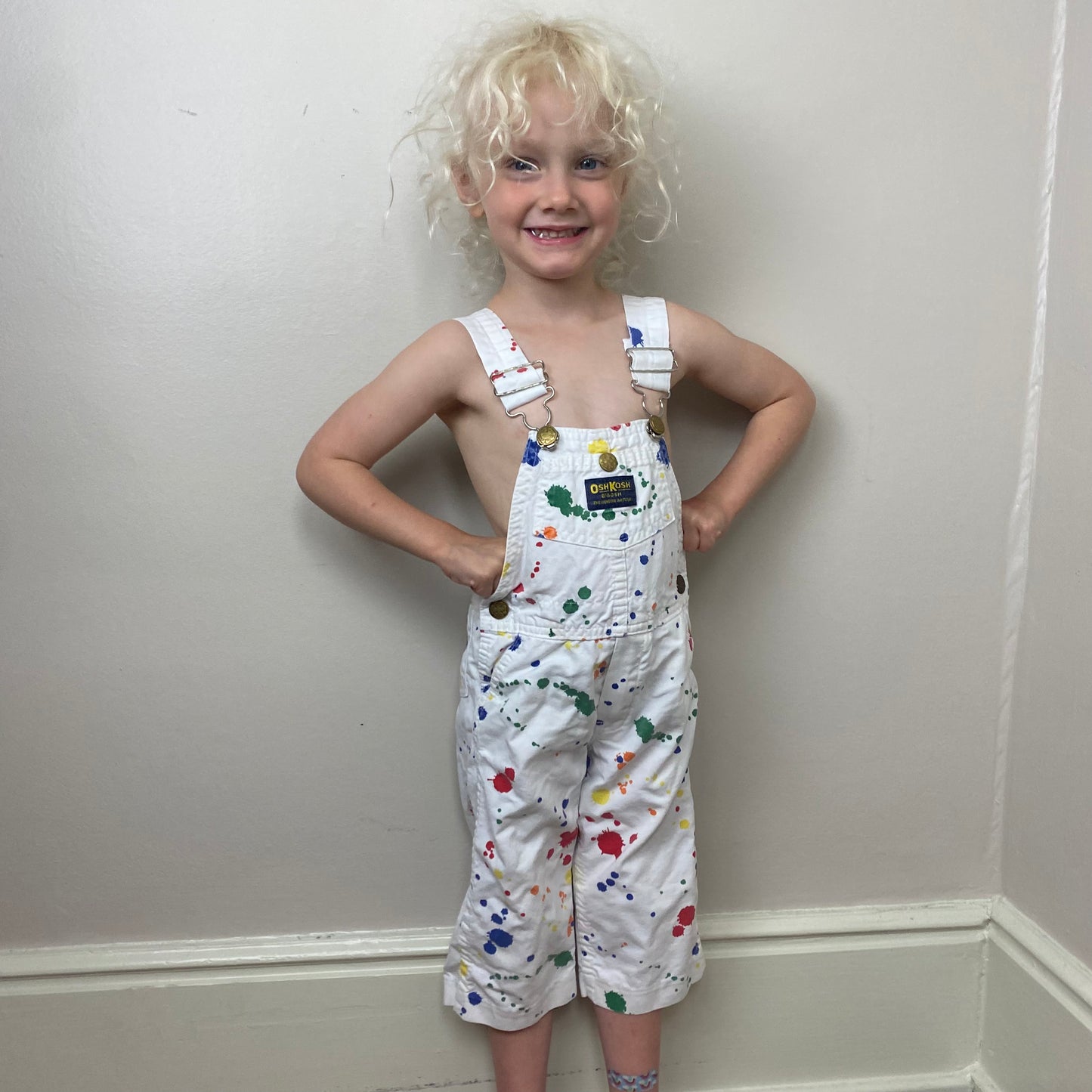 1980s Oshkosh Overalls, White with Rainbow Splatter Paint, Size 2T