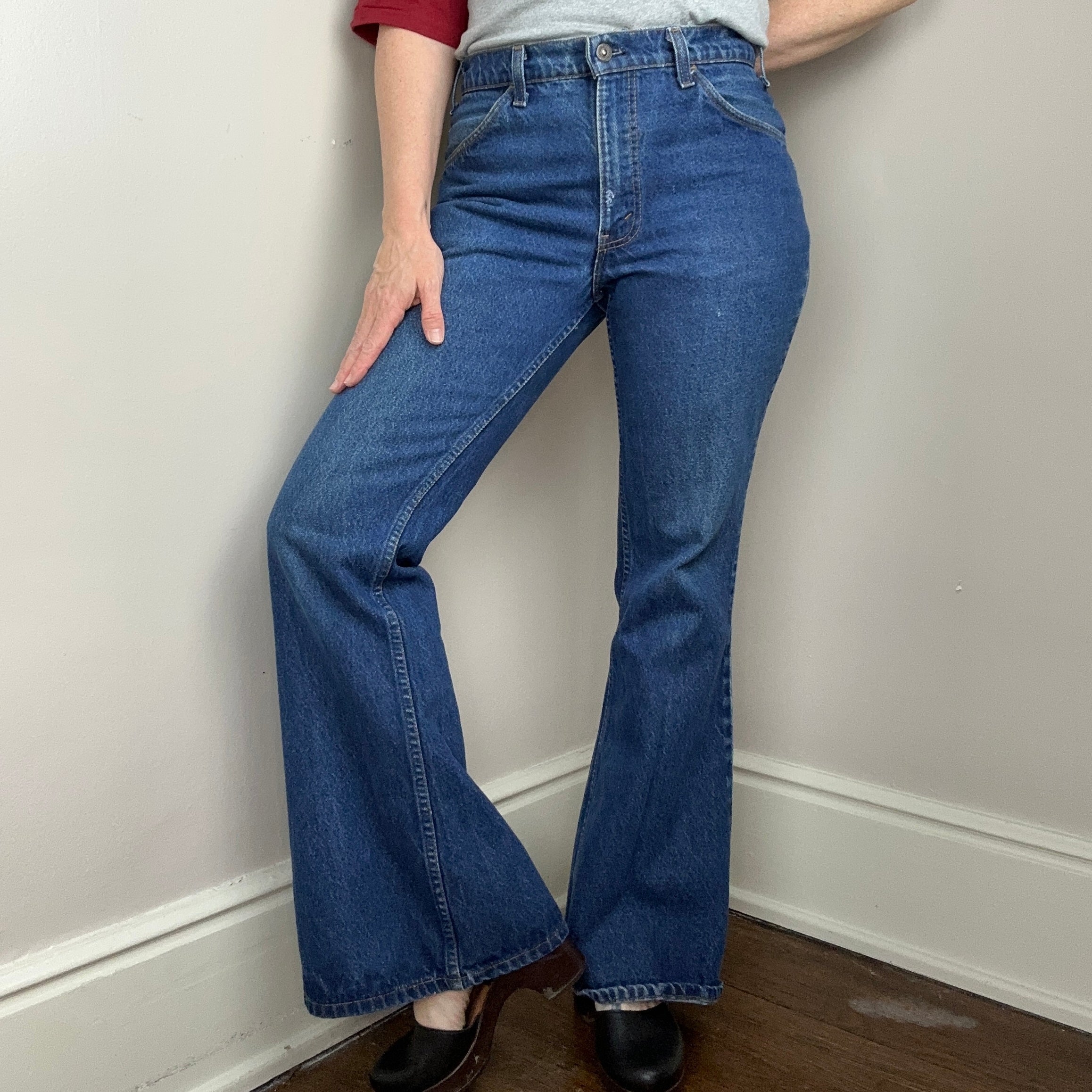 1980s Levi's Bell Bottom Jeans, 684 Orange Tab Blue Denim, 34x32.5