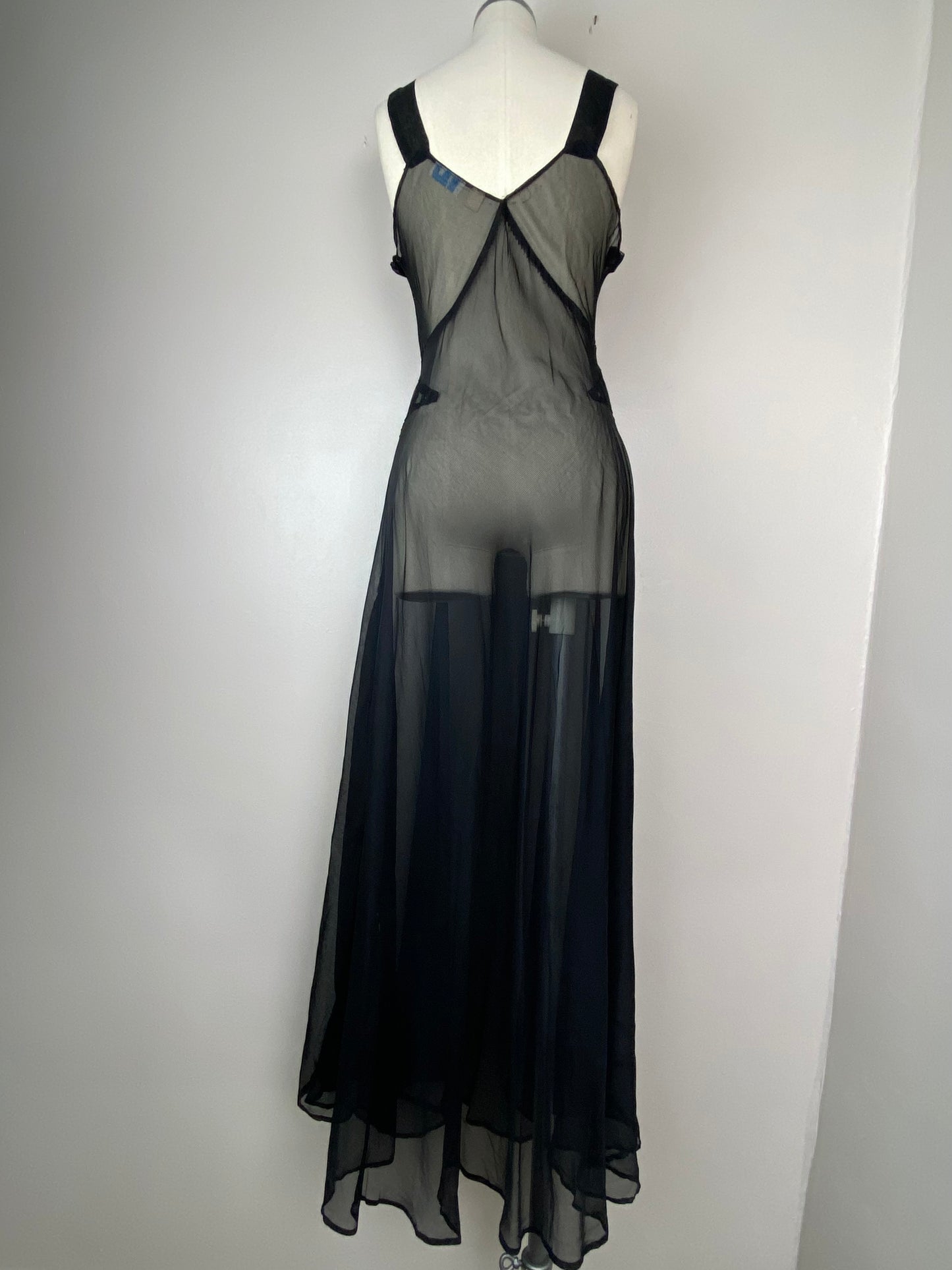 1940s Sheer Black Bias Cut Nightgown, Lady Doretta Size 34