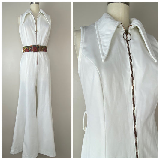 1970s White Bell Bottom Sleeveless Jumpsuit, Zip Front, Size S/M
