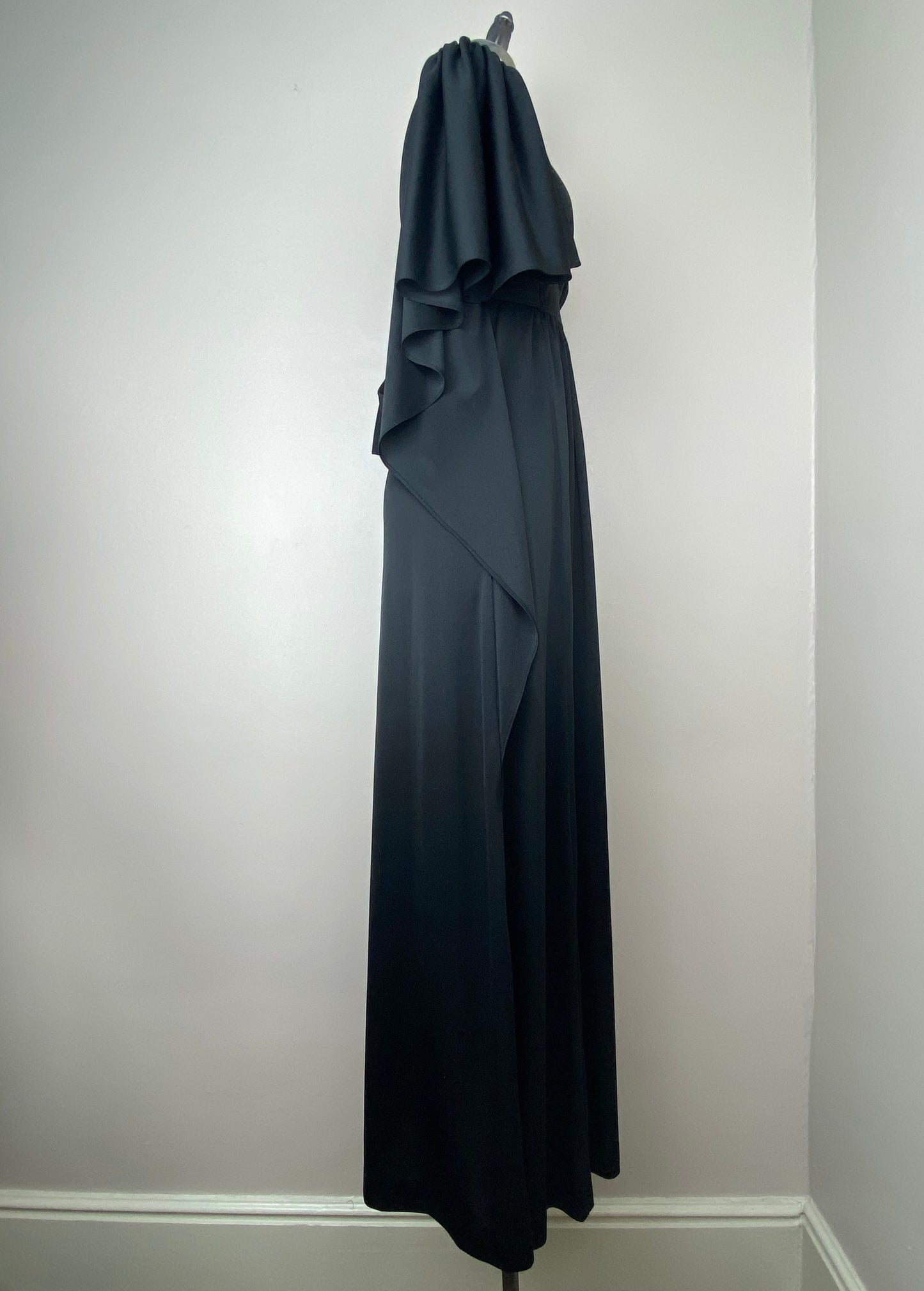 1970s Black Maxi Dress with Flutter Sleeves, Jerell of Texas, Size S/M