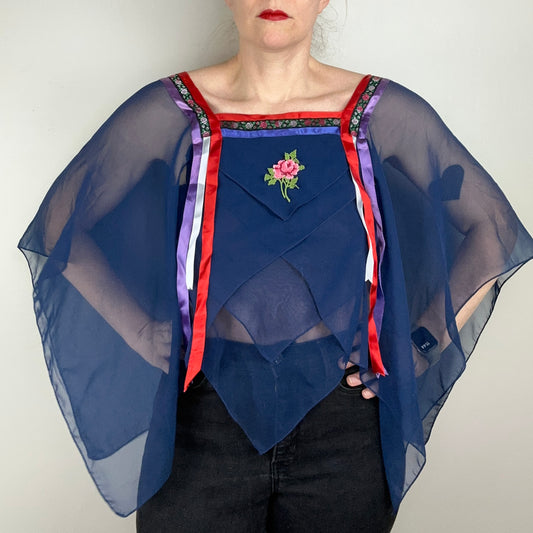1970s Sheer Boho Top, Size Small/Medium, Handkerchief Hem