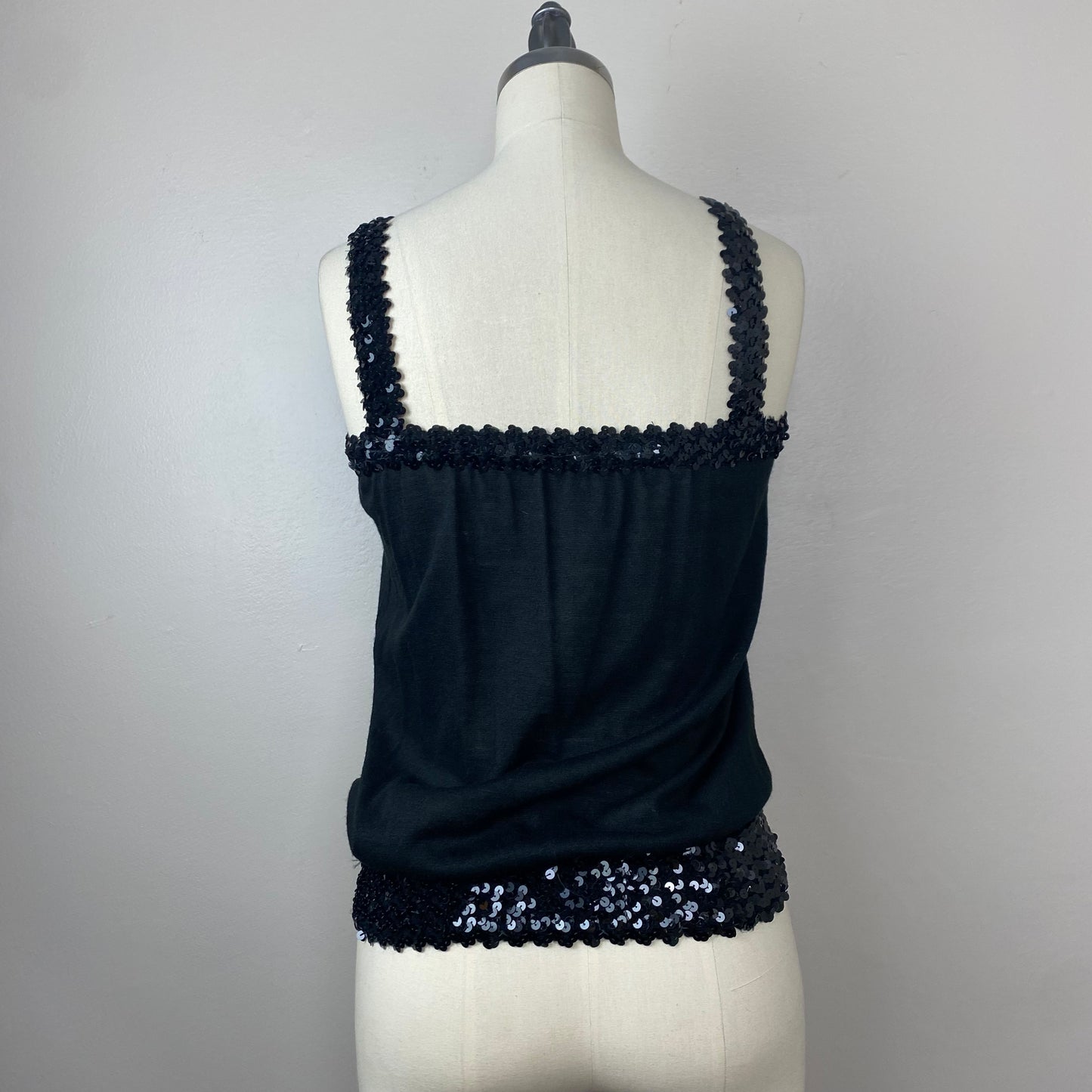 1970s Black Tank Top with Sequin Straps and Waistband, Toppettes Size S-L