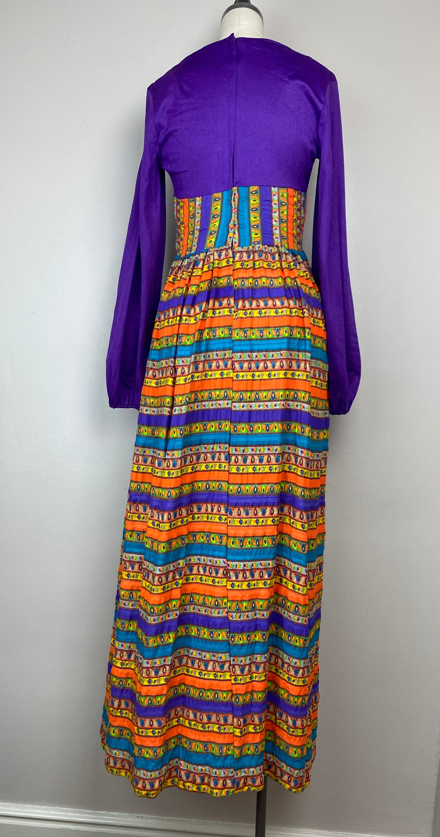 1970s Renaissance Inspired Bright Psychedelic Boho Dress, Size Small, Purple, Floral Stripes