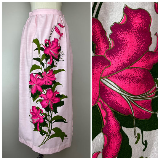 1970s Pink Alfred Shaheen Maxi Skirt, Size Small, Hand Printed in Hawaii