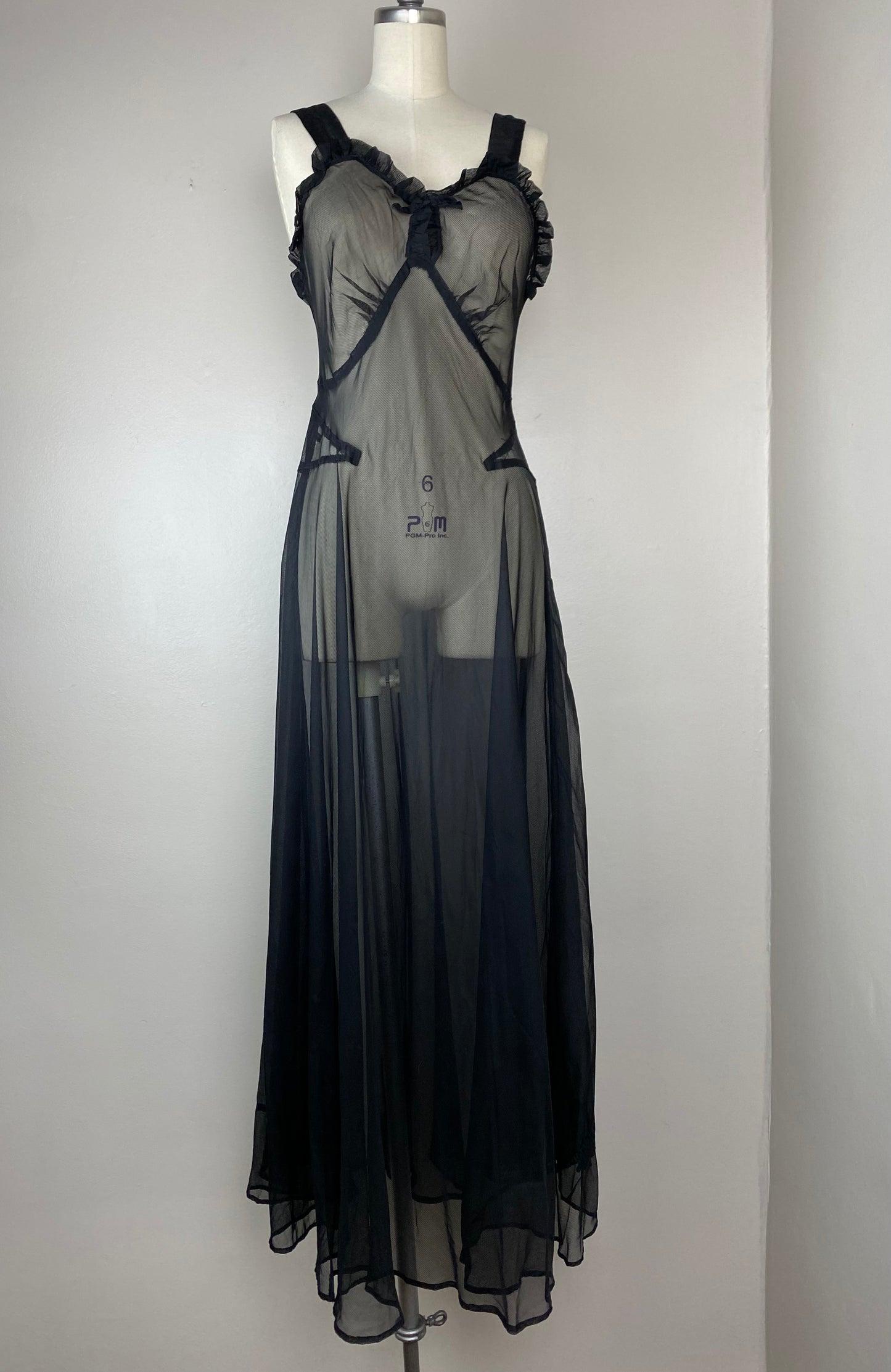 1940s Sheer Black Bias Cut Nightgown, Lady Doretta Size 34