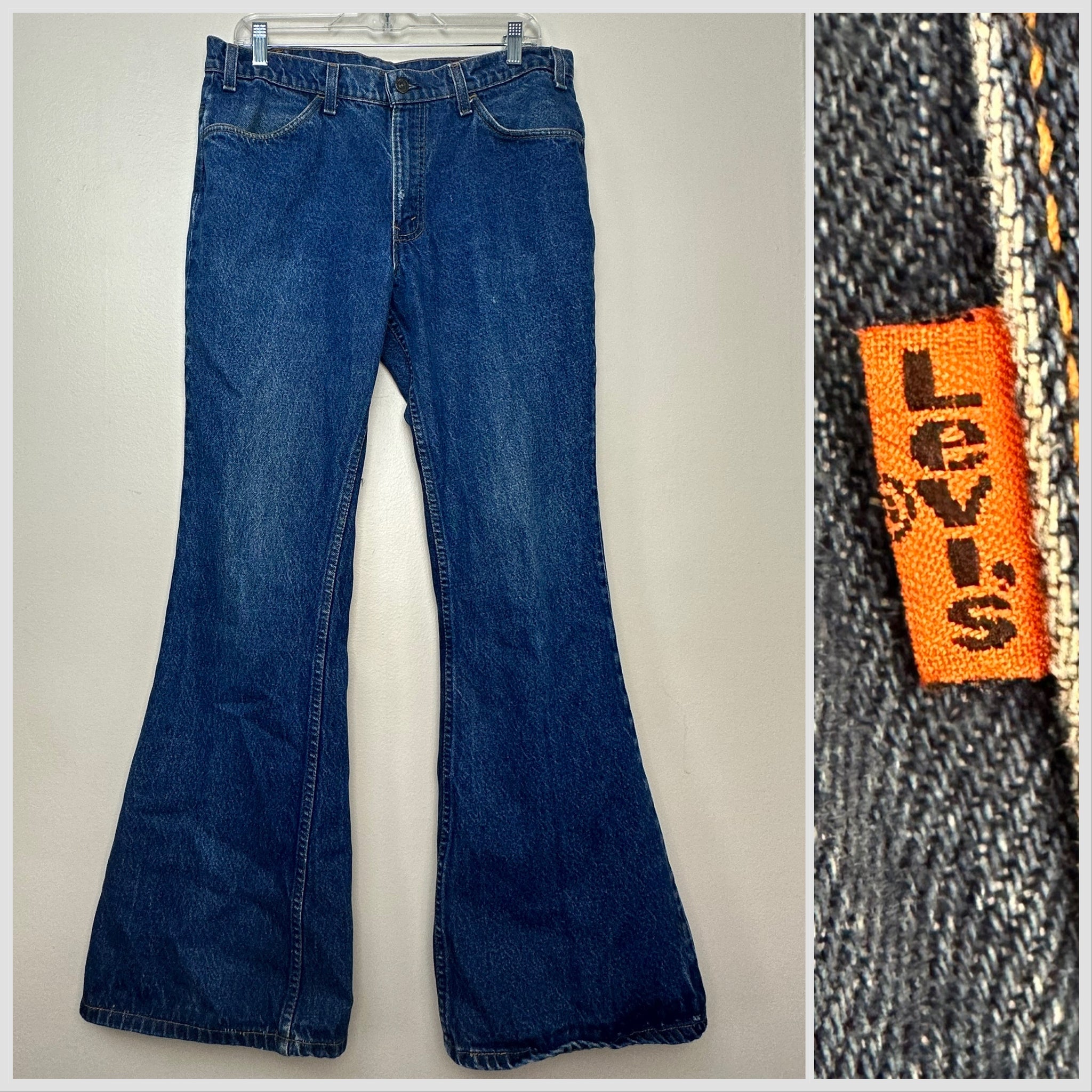 1980s Levi's Bell Bottom Jeans, 684 Orange Tab Blue Denim, 34x32.5
