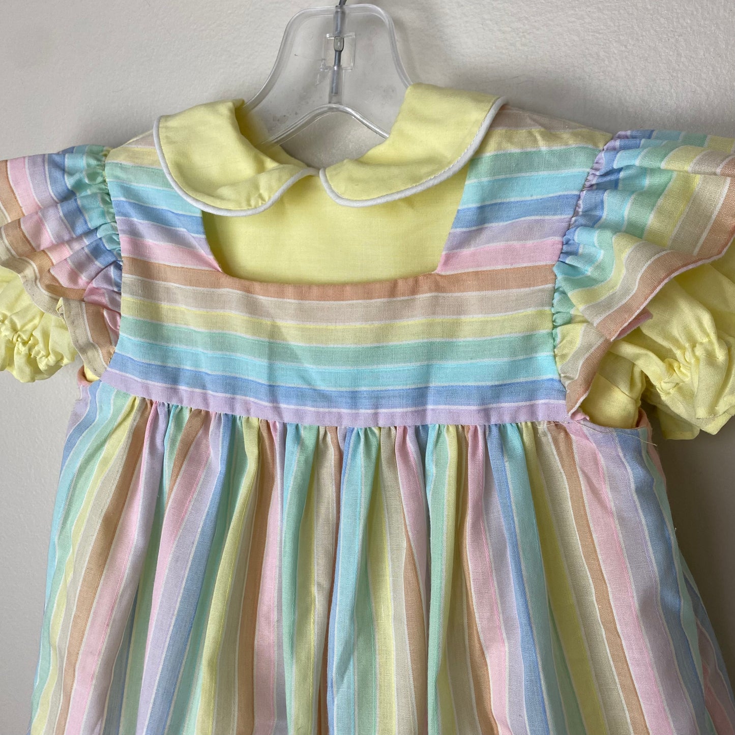 1980s Rainbow Stripe Pinafore Dress and Yellow Puff Sleeve Dress, Size 4T