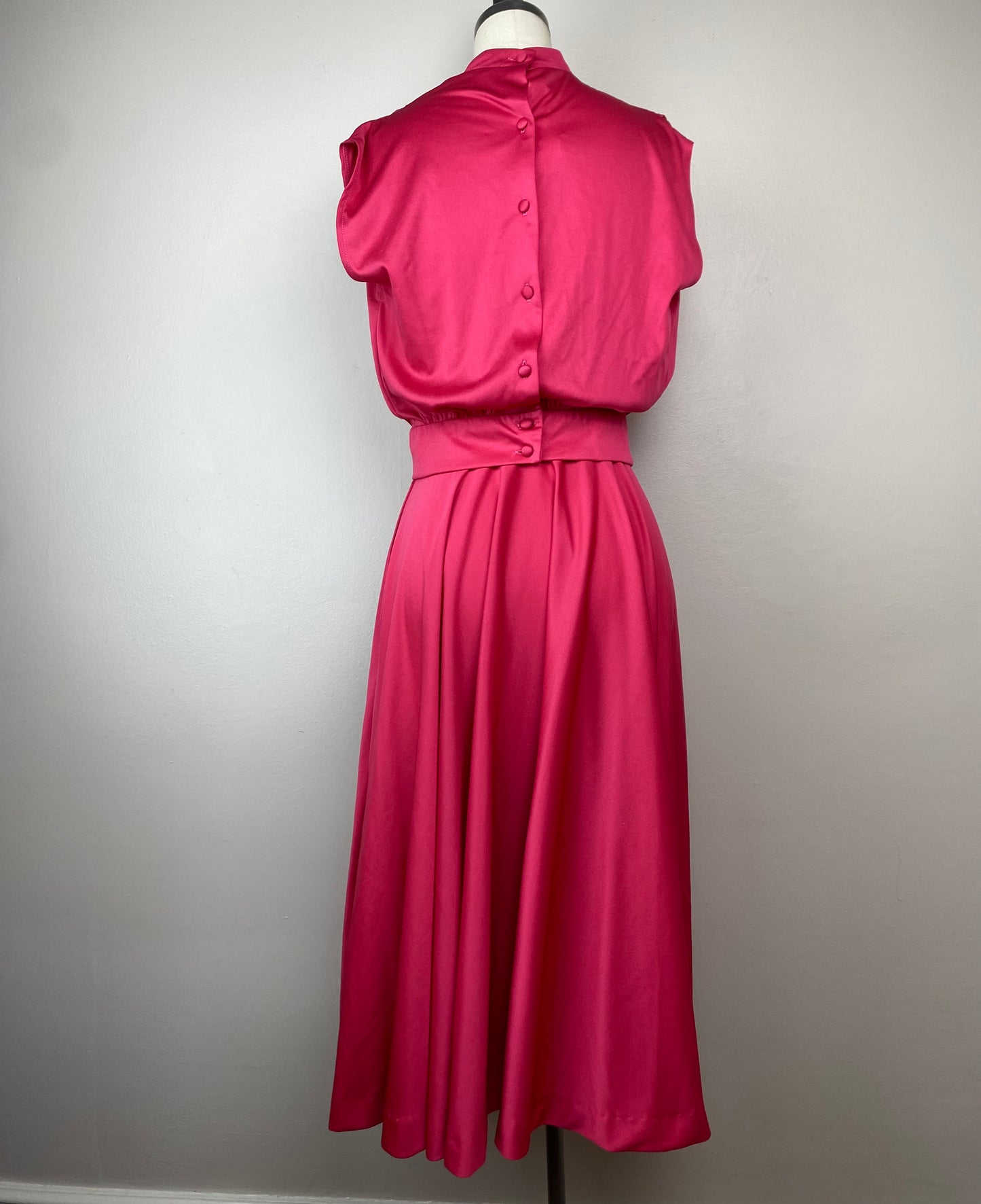 1970s Pink Disco Set, Size XS, Sleeveless Blouse and Midi Length Circle Skirt