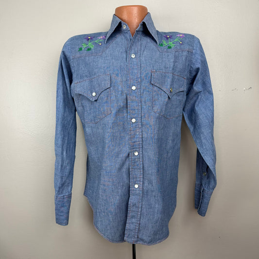 1970s Chambray Western Shirt with Embroidery, Sears Size Medium