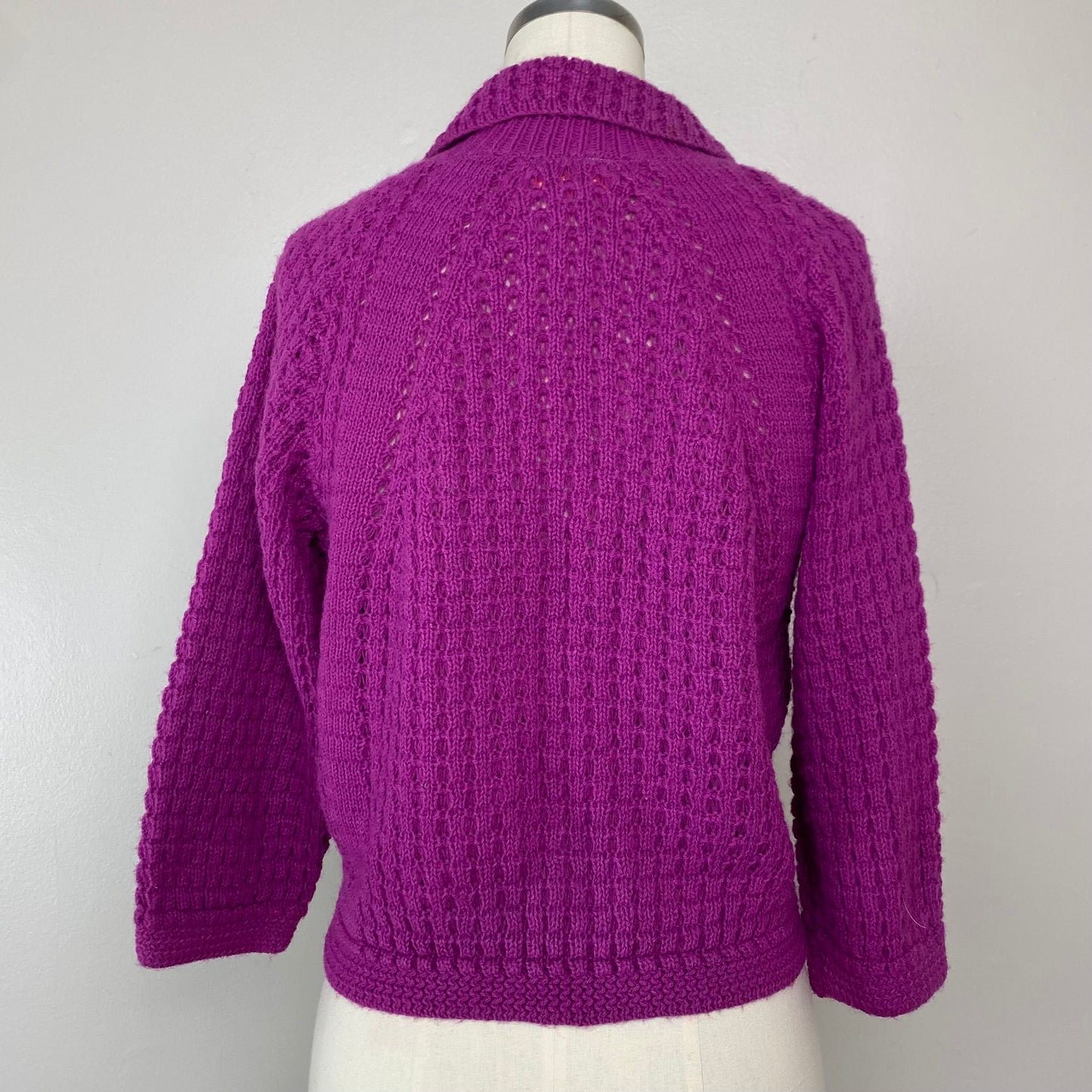 1950s Fuschia Purple Cardigan Sweater, Featherknits, Size Small, 3/4 Sleeves