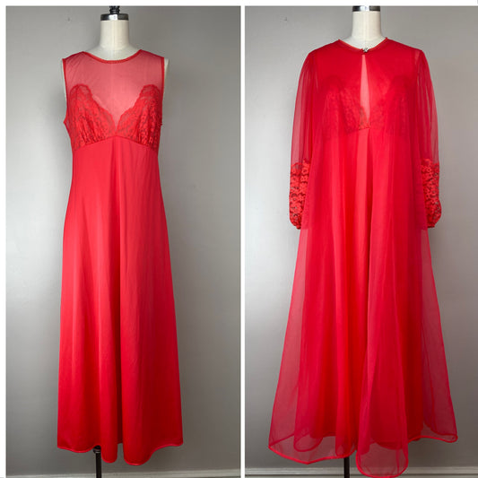 1960s/70s Sears Sheer Red Nylon Peignoir Set, Size Small, Matching Nightgown and Robe