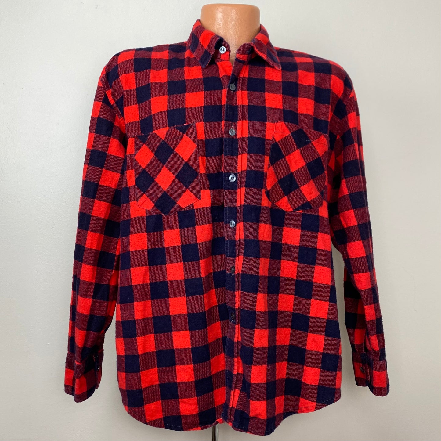 1970s/80s Red Buffalo Plaid Flannel Shirt, Size XL, All Cotton, Printed Plaid