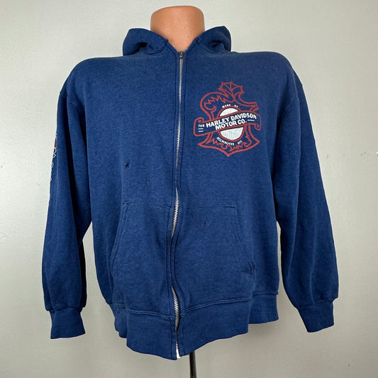 1970s Harley Davidson Motorcycles Zip Front Hooded Sweatshirt, Size L/XL, Distressed Hoodie Jacket