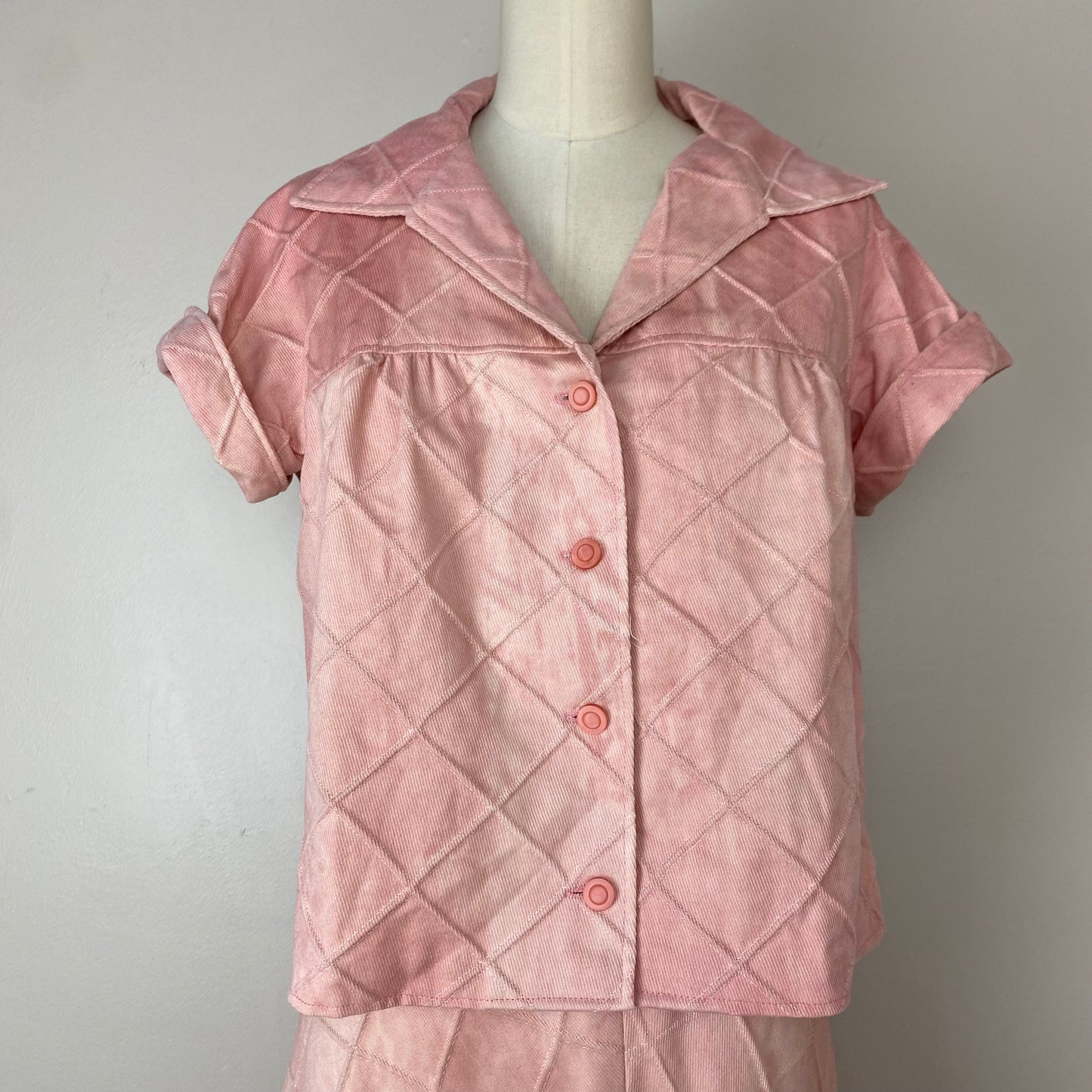 1970s Pink Denim Top and Skirt Set, Size XS/S, Tie Dye, Pin Tuck Grid