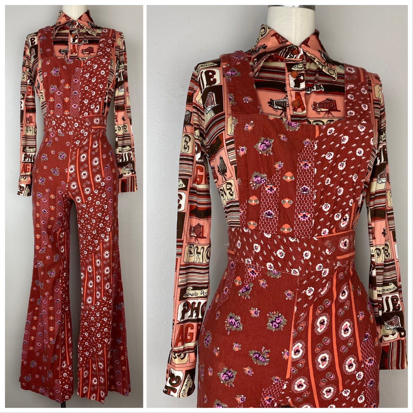 1970s Printed Corduroy Low Back Overalls, Sportset Size XS, High Waisted Bell Bottoms