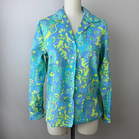 1960s Psychedelic Floral Blouse, Ship n Shore, Size Small, Long Sleeves