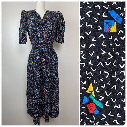 1980s Black Confetti Print Dress, Joni Blair, Size S/M