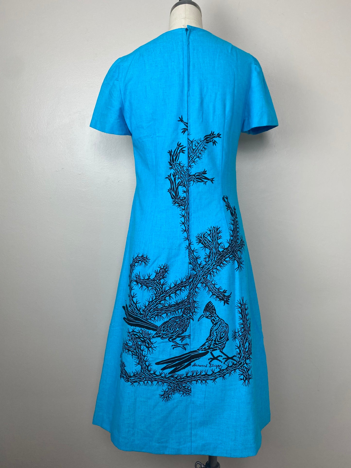 1960s Harwood Steiger Dress, Hand Printed Roadrunner, Size Small