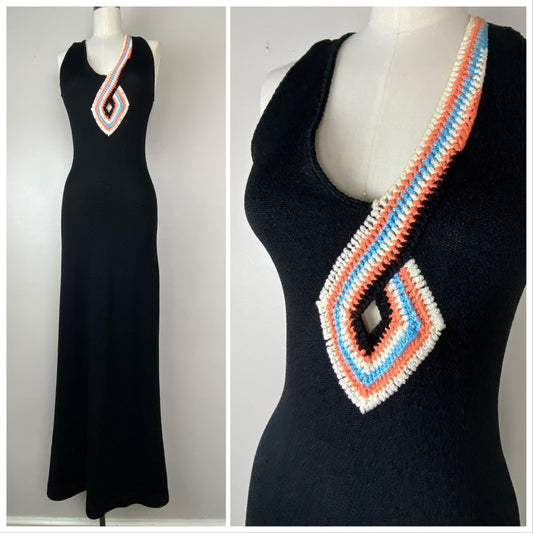 1970s Knit Black Maxi Dress, Miss Dolphin California Size Small