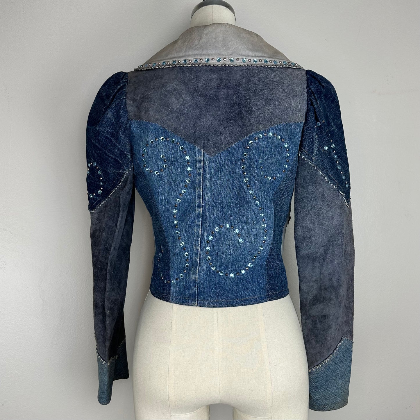 1970s Love Melody Denim and Leather Patchwork Jacket, Size Small