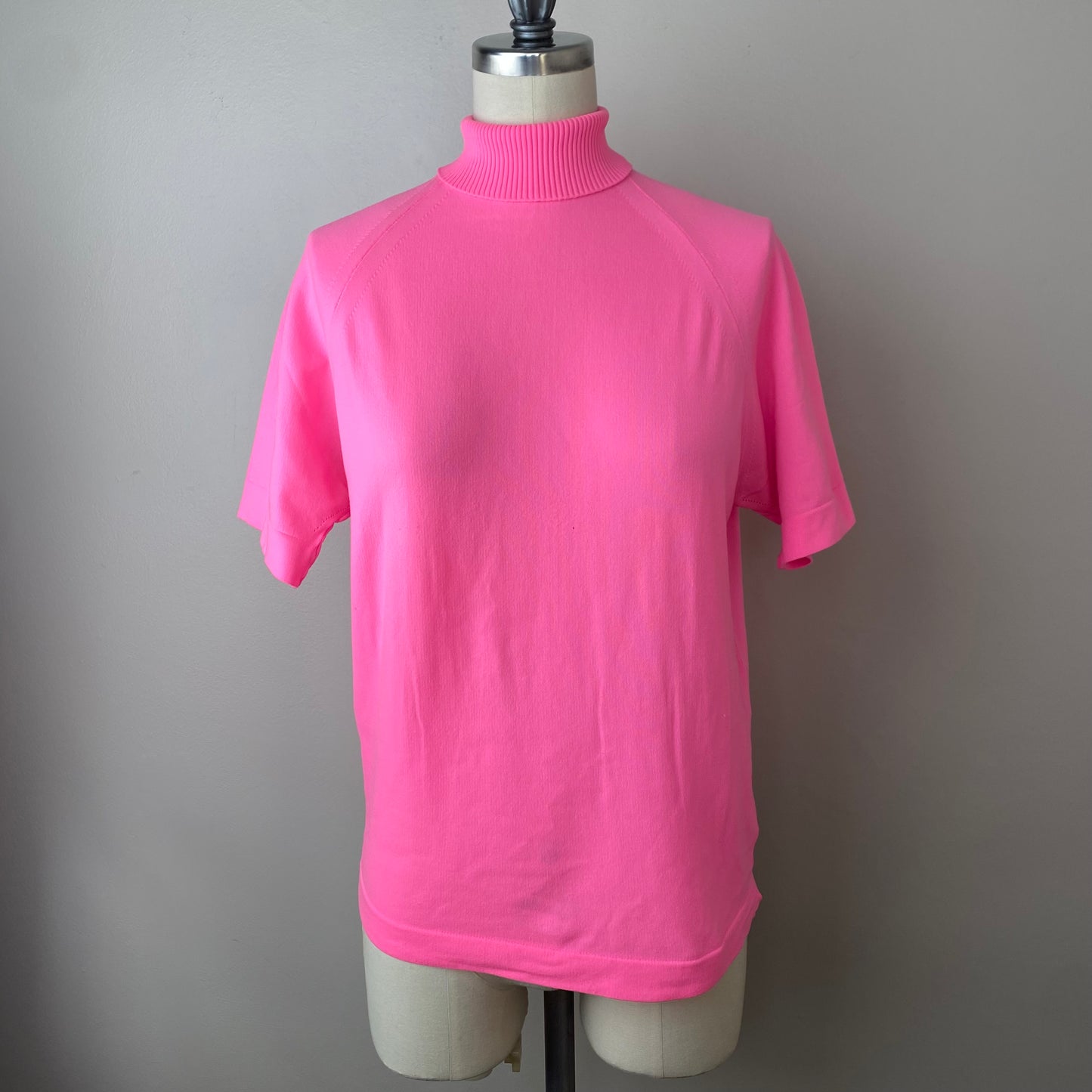 1960s Neon Pink Turtleneck Shirt, Sears Junior Bazaar Ban-Lon Knits Short Sleeve Top, Size S/M