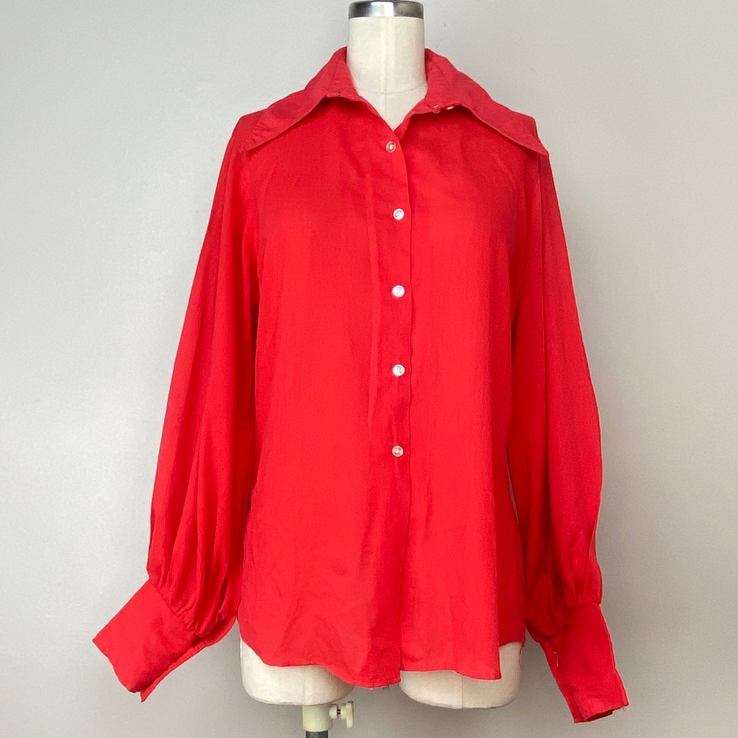 1960s Red Blouse, Size Medium, Dagger Collar, Balloon Sleeves