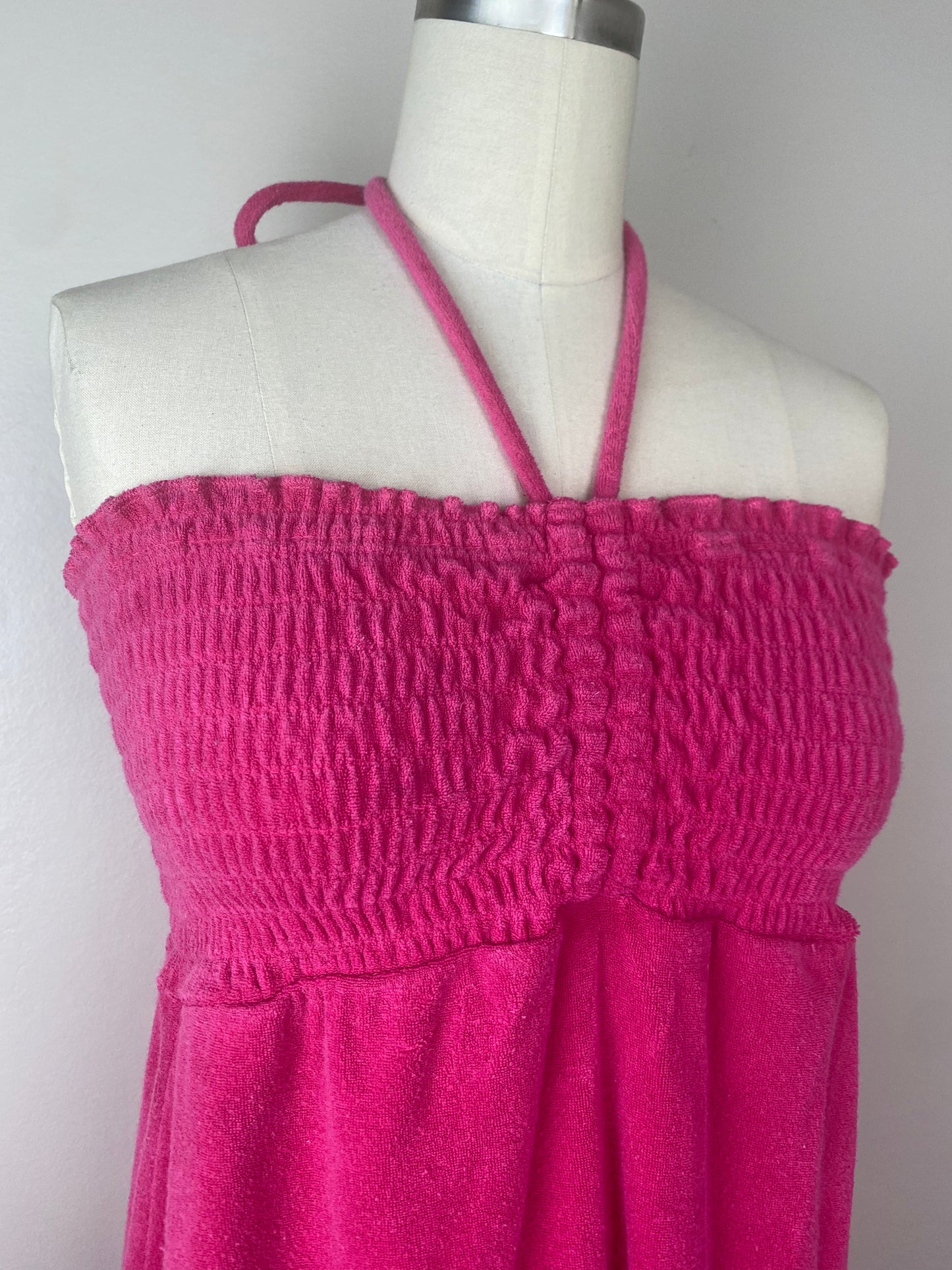 1980s Pink Terrycloth Halter Dress, Size Small, Bathing Suit Swim Cover Up